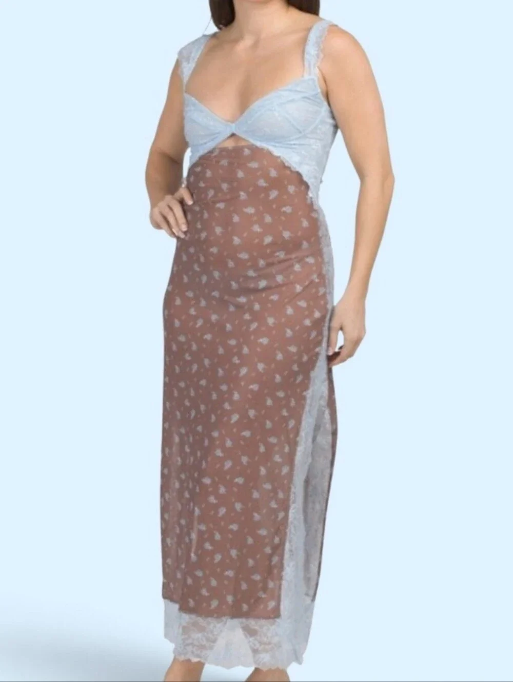 NWT FREE PEOPLE Suddenly Fine Lace Maxi Slip Dress Lace Brown Blue MEDIUM